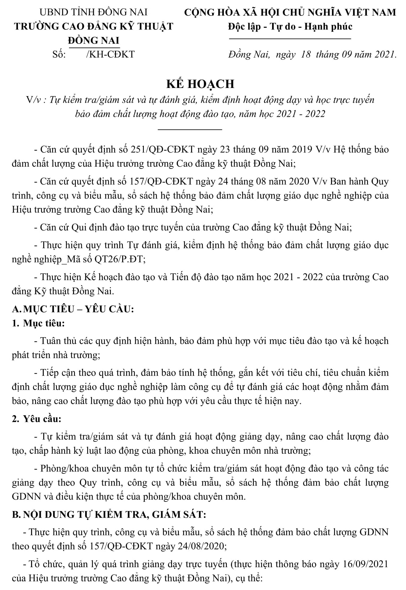 Kế hoạch Tự kiểm tra giám sát và tự đánh giá kiểm định hoạt động dạy và học trực tuyến bảo đảm